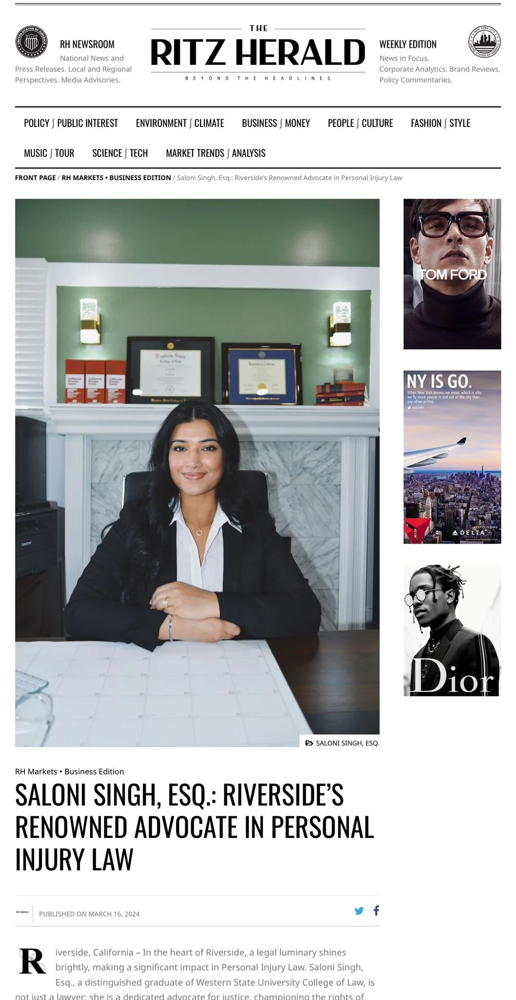 The Ritz Herald feature: Saloni Singh, Esq.: Riverside's Renowned Advocate in Personal Injury Law